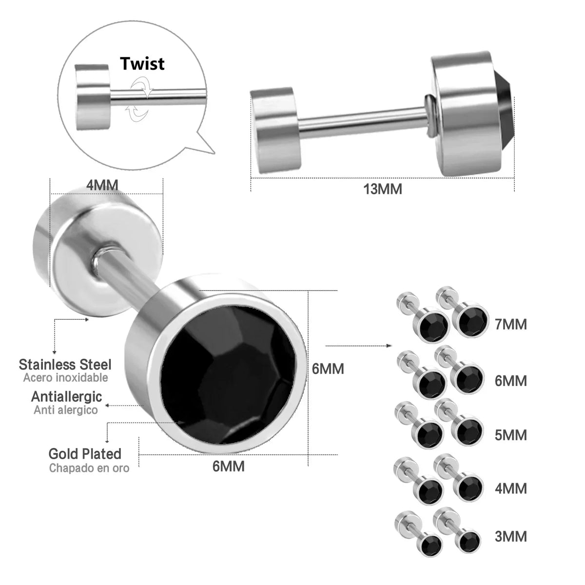 LUXUSTEEL 3mm-7mm Black White CZ Zircon Stud Earrings | Screw Back Stainless Steel No Fade