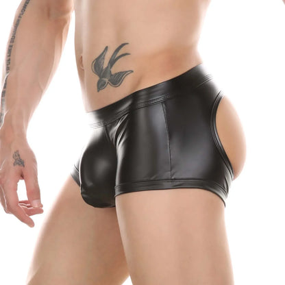 CLEVER-MENMODE Men's Boxers Faux Leather Underwear Wet Look Sexy Panties Open Butt G String Underpants Buttocks Boxershorts Club