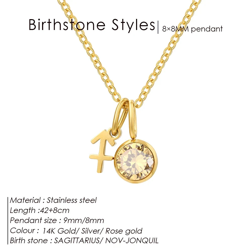 SUNIBI Stainless Steel Birthstone Zodiac Double Pendant Necklace for Woman12 Constellation Birthday Gift DIY Jewelry Wholesale