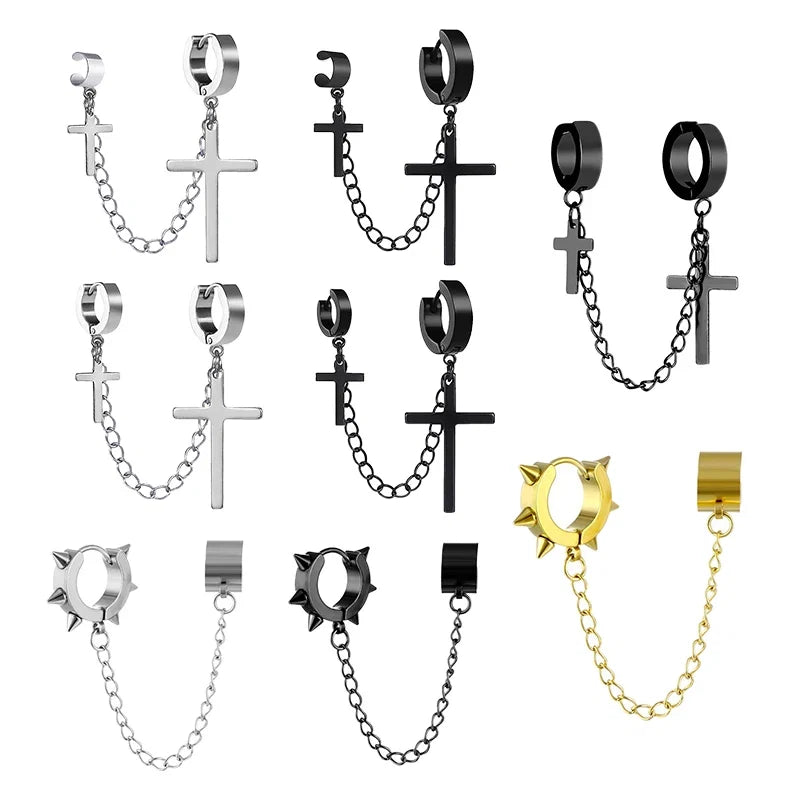 Punk Cross Pendant Clip Earring | Unisex Metal Chain Tassel Ear Cuff
