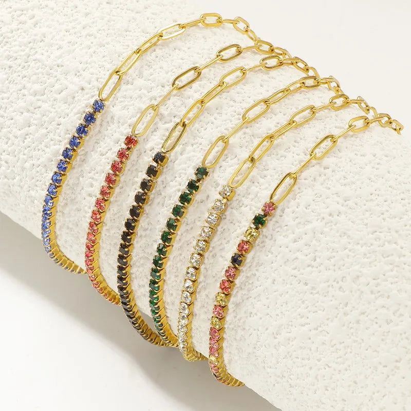2mm Thin Colorful CZ Stainless Steel Stackable Chain Bracelet for Women Girl