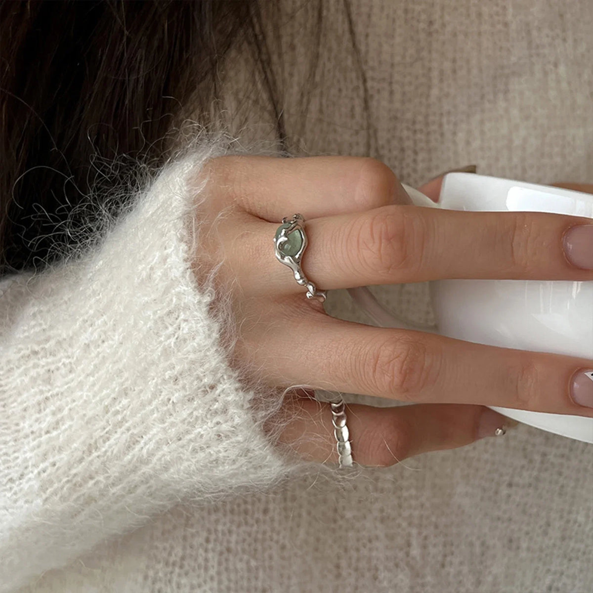 925 Sterling Silver plated Liquid Lava Hetian Jade Bamboo Ring for Women Girl Gift Irregular Vintage Jewelry