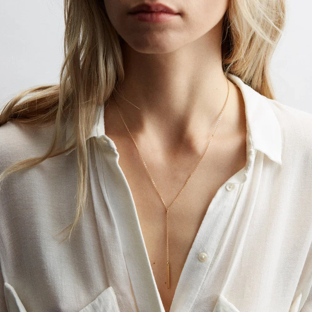 Women Fashion Stainless Steel Minimalist Long Bar Pendant Necklace Gold Silver Clavicle Chain Waterproof Everyday Wear Hot Sale