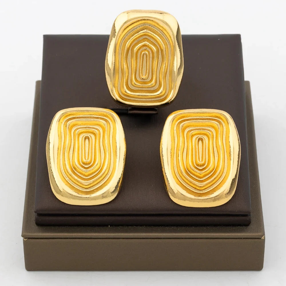 New Design Earrings Jewelry Set for Women Fashion 18k Gold Plated Copper Resizable Ring and Earrings for Dubai Retro Jewelry