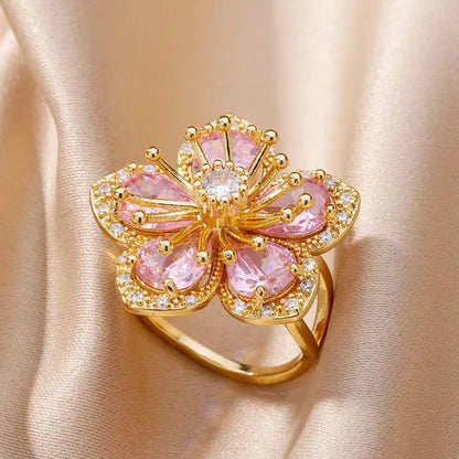 Pink Zircon Flower Rings for Women Gold Color Stainless Steel Ring 2025 Trend Elegant Floral Luxury Aesthetic Jewelry anillos