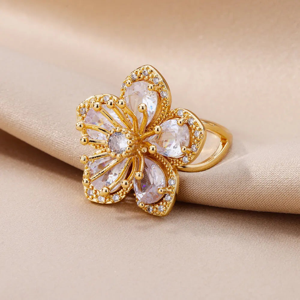 Pink Zircon Flower Rings for Women Gold Color Stainless Steel Ring 2025 Trend Elegant Floral Luxury Aesthetic Jewelry anillos