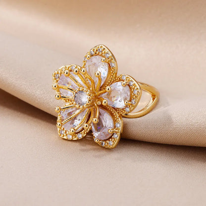 Pink Zircon Flower Rings for Women Gold Color Stainless Steel Ring 2025 Trend Elegant Floral Luxury Aesthetic Jewelry anillos