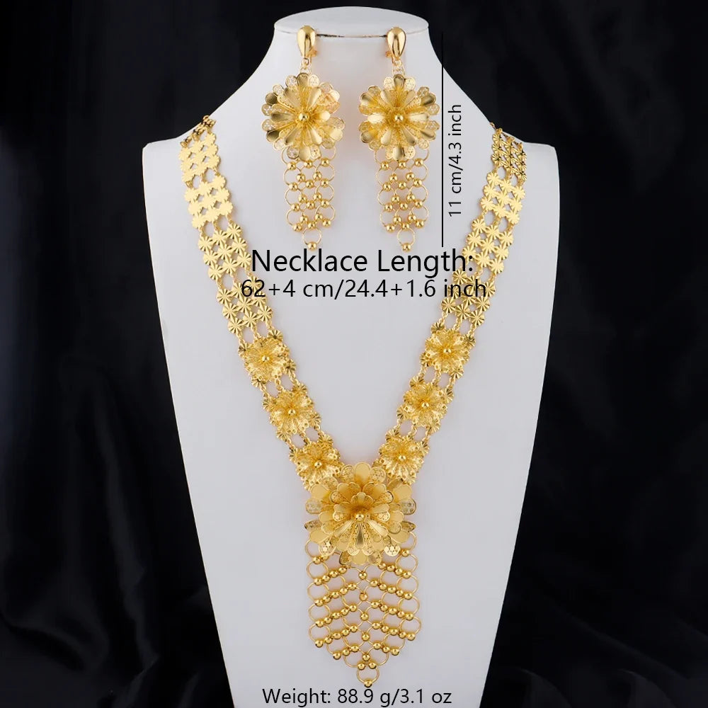 New Indian Gold color Long Necklace Set Nigerian Party Bride Wedding Luxury Dubai Earrings Jewelry Women's Valentine's Day Gift