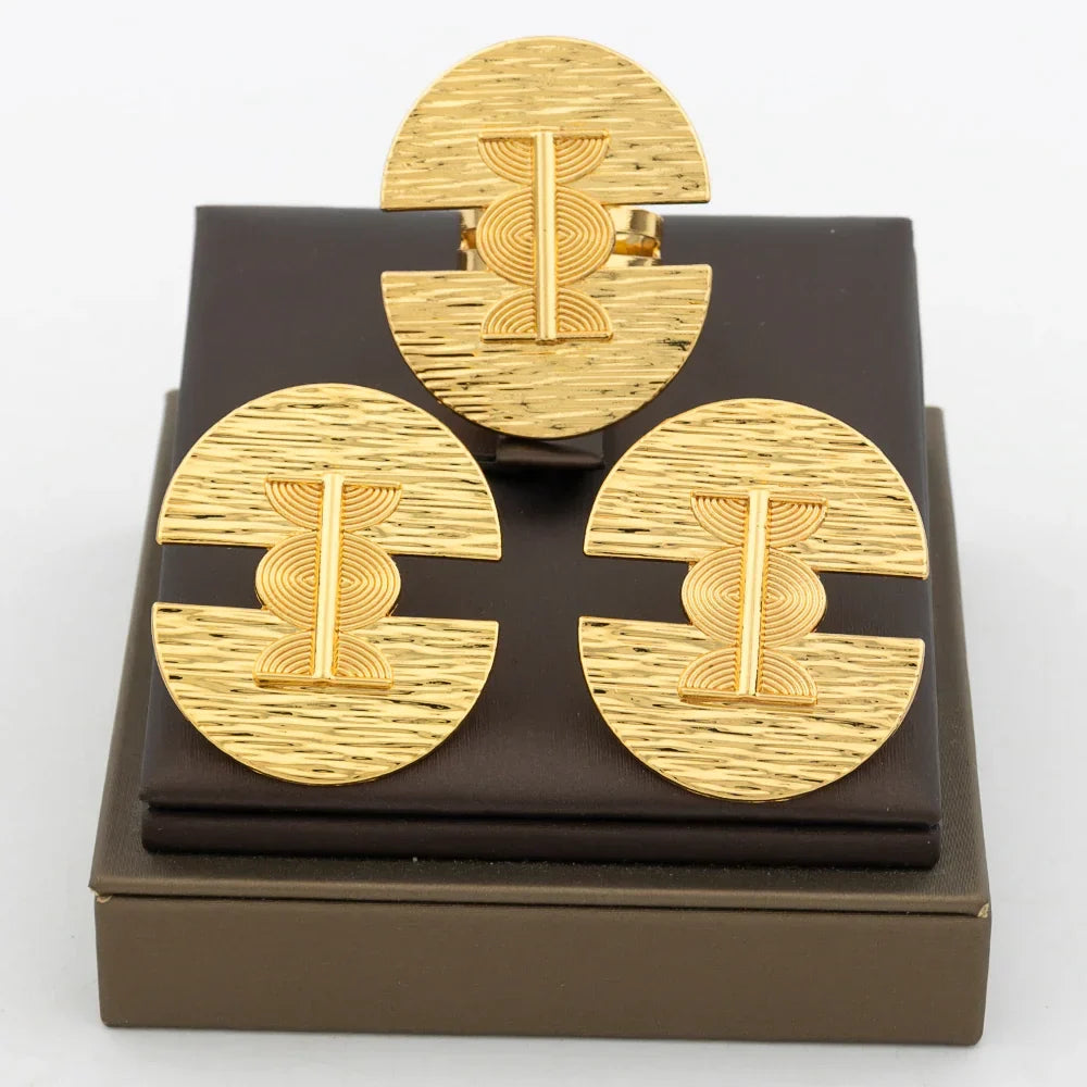 New Design Earrings Jewelry Set for Women Fashion 18k Gold Plated Copper Resizable Ring and Earrings for Dubai Retro Jewelry