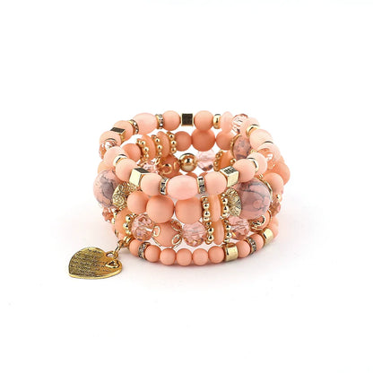 4Pcs Boho Crystal Beads Chain Bracelet Set For Women Vintage Heart Charm Elastic Bangle Female Fashion Party Jewelry