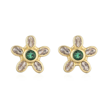 NEWBUY Delicate Gold Color Cute Flower Stud Earrings For Women Pink Green White CZ Crystal Jewelry Femme Bijoux