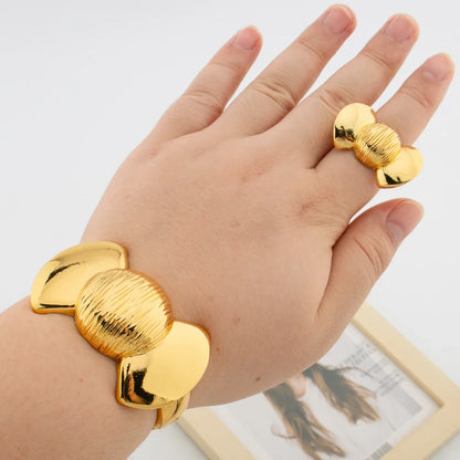 Trend Bangle with Ring Set for Party 18k Gold Color New Design Hand Bracelet Cocktail Ring Weddings Bride Set Ladies Jewellery
