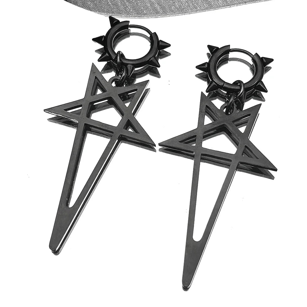 Pentagram Spike Rivet Hoop Earrings | Stainless Steel Gothic Punk Jewelry