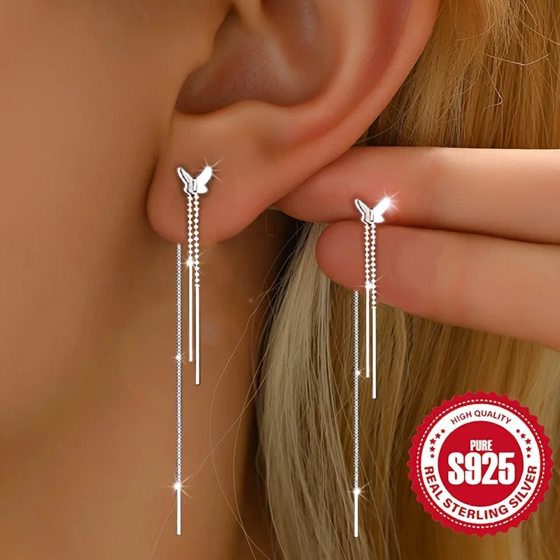 Pair of S925 Silver Butterfly Tassel Earrings for Ladies Low Allergy Sweet Girl Versatile Daily Accessory Perfect Gift for Women