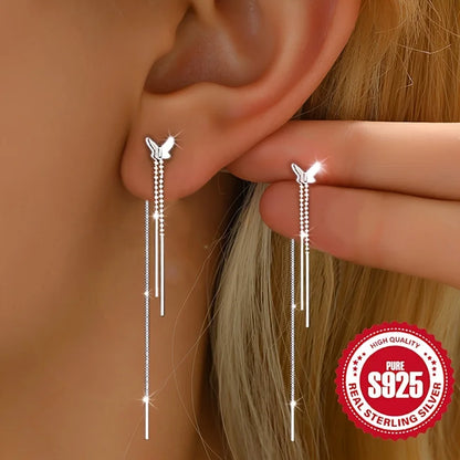 Pair of S925 Silver Butterfly Tassel Earrings for Ladies Low Allergy Sweet Girl Versatile Daily Accessory Perfect Gift for Women