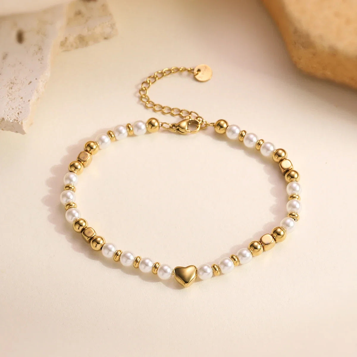 NEWBUY 2025 Trendy Gold Color Non-Fading Stainless Steel Beads Pearl Heart Bracelet For Women Daily Jewelry Accessories