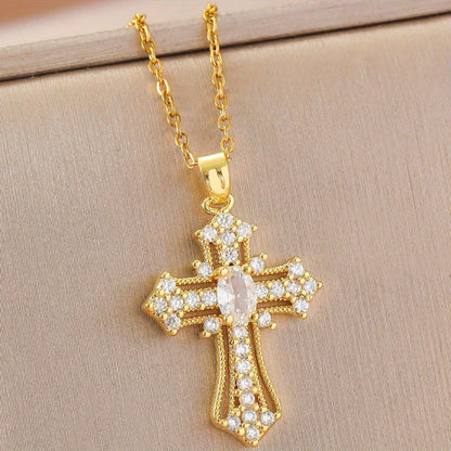 1Pcs Cross Necklace Pendant Religious Blessing Stainless Steel Sturdy Gold Necklace Water Diamond Inlay Trendy Fashion