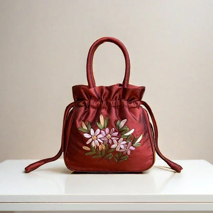 Small Embroidered Flower Bucket Bag | Women's Top Handle Drawstring Purse