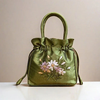 Small Embroidered Flower Bucket Bag | Women's Top Handle Drawstring Purse