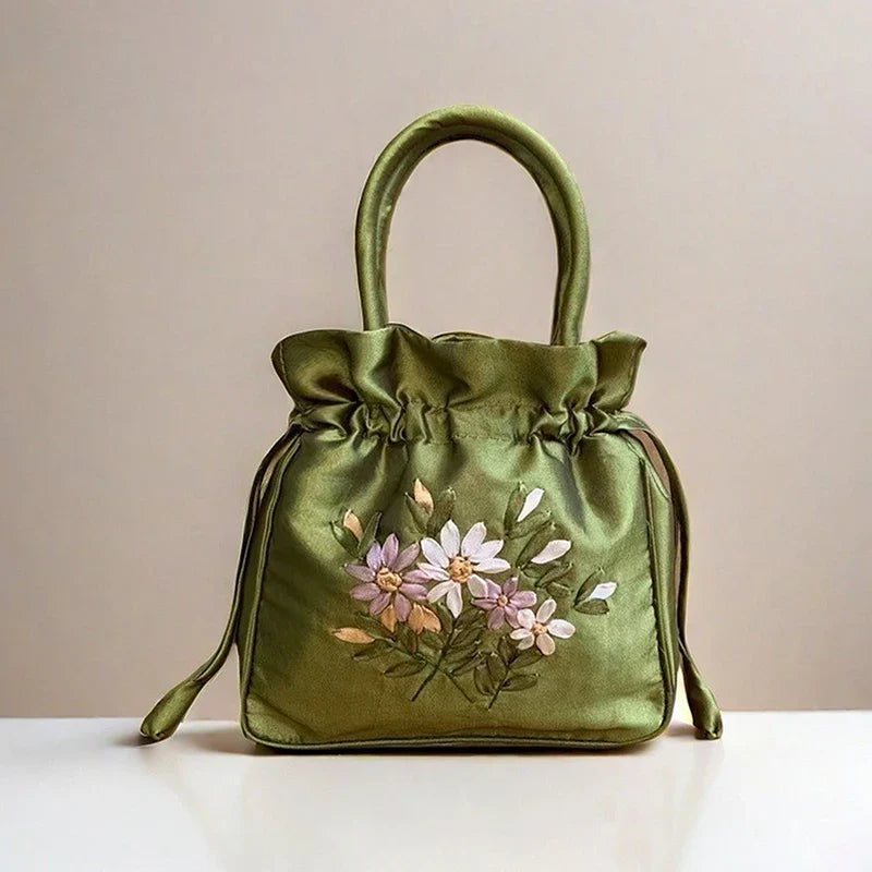 ZTBBAO Embroidered Flower Bucket Bag | Small Top Handle Handbag for Women