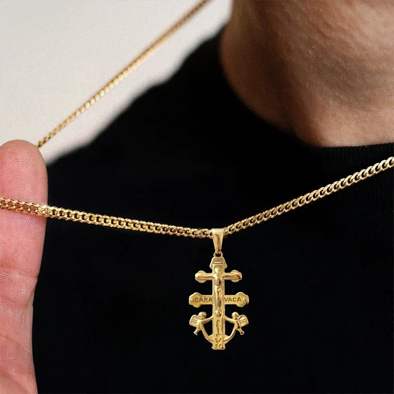 Caravaca De La Cruz Crucifix Pendant Christian Angels and Christ in Relief Stainless Steel Caravaca Cross Charms DIY Accessories