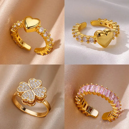 Zircon Tiny Heart Rings For Women Gold Color  Stainless Steel Opening Heart  Finger Femme Wedding Party Jewelry Gift 2024