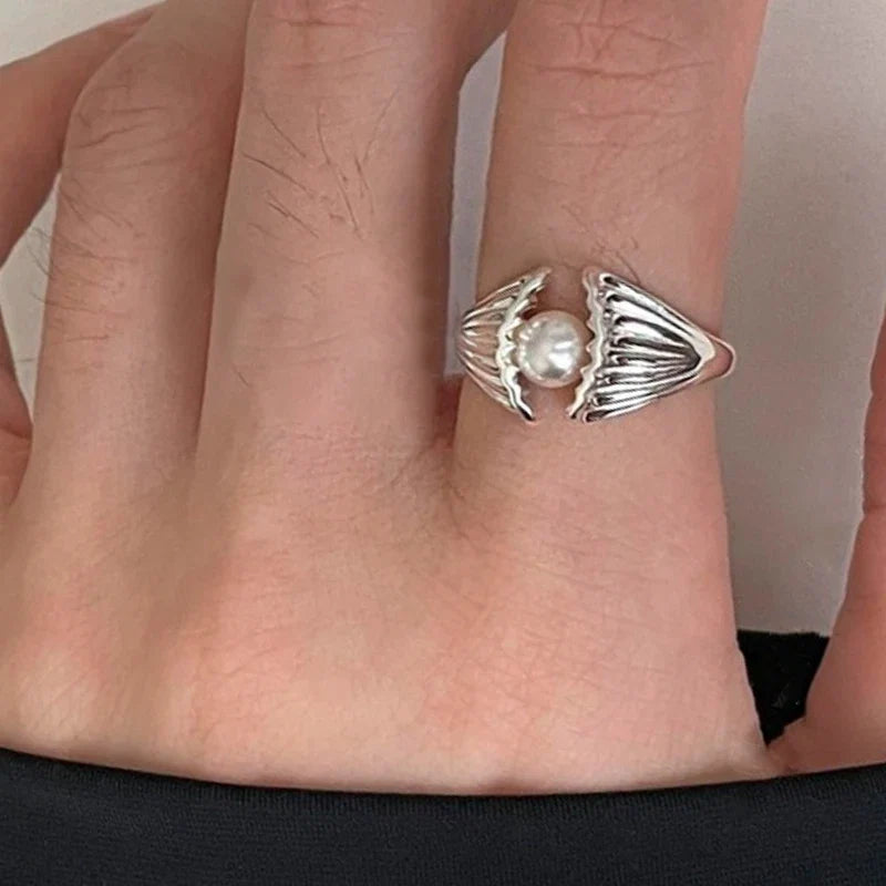 PANJBJ 925 Sterling Silver Pearl Irregular Ring | Women Shell Overlapping Hollow Sweet Design Jewelry