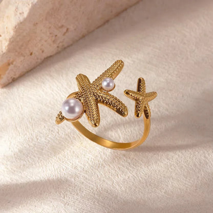 Starfish Shell Stainless Steel Open Rings For Women Fashion Gold Color Finger Ring Trendy Summer Beach Vacation Ocean Jewelry