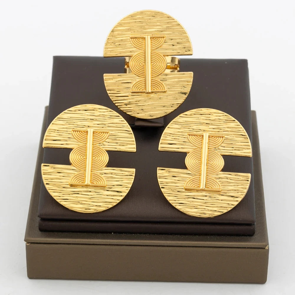 New Design Earrings Jewelry Set for Women Fashion 18k Gold Plated Copper Resizable Ring and Earrings for Dubai Retro Jewelry