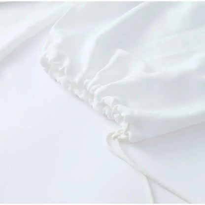 Women's Solid Cotton Linen Ruffle Shorts Suit V-neck Long Sleeve Drawstring Loose 2 Pieces Set