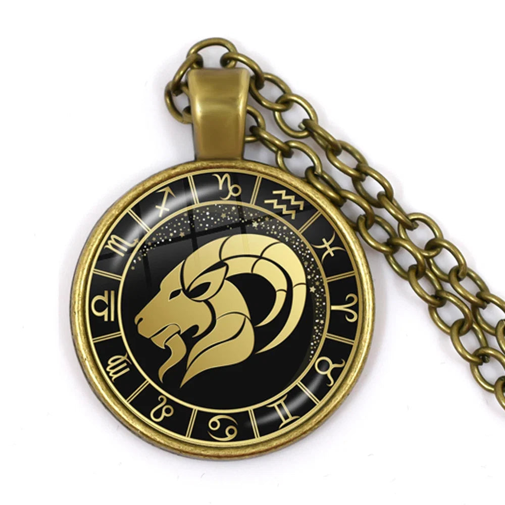 12 Constellation Zodiac Pendant Necklace | Antique Bronze Glass Dome Jewelry