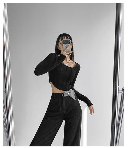 Fishbone Pattern Women's Long Sleeve T-shirt High Waist Slim Square Collar Tops Woman