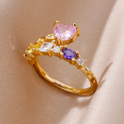 Stainless Steel Rings For Women Gold Color Fashion Heart Zircon Opening Ring Female Finger Wedding Party Jewelry Gift