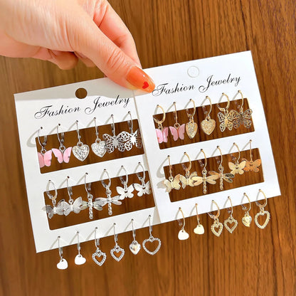 9 Pairs/ Set Exquisite Butterfly Heart Dragonfly Design Dangle Earrings Simple Vacation Style Delicate Holiday Earrings