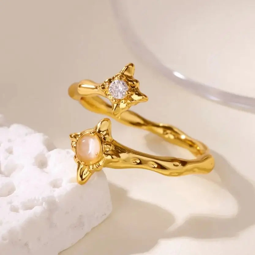 Zircon Flower Rings For Women Gold Color Double Flower Adjustable Stainless Steel Ring Wedding Party Christmas Jewelry Gift