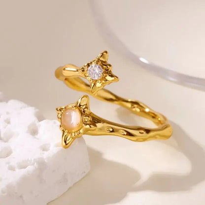Zircon Flower Rings For Women Gold Color Double Flower Adjustable Stainless Steel Ring Wedding Party Christmas Jewelry Gift