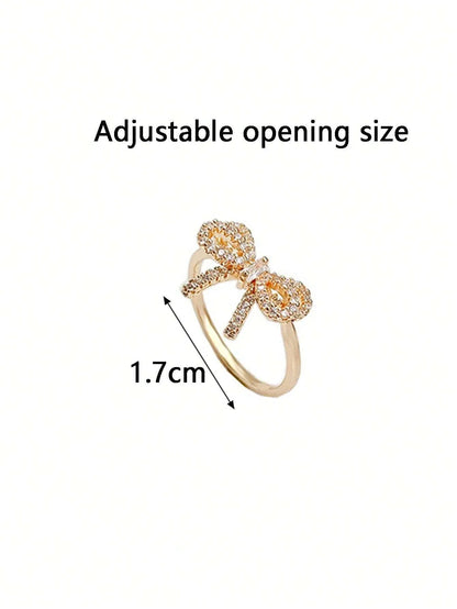 Yupsk Korean Fashion Micropaved Crystal Zirconia Bow Ring for Women Girls Exquisite Ins Trendy Minimalist Finger Rings Jewelry