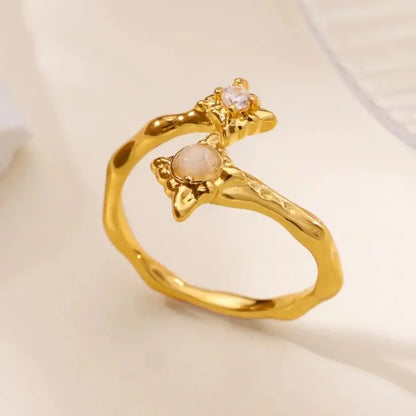 Zircon Flower Rings For Women Gold Color Double Flower Adjustable Stainless Steel Ring Wedding Party Christmas Jewelry Gift
