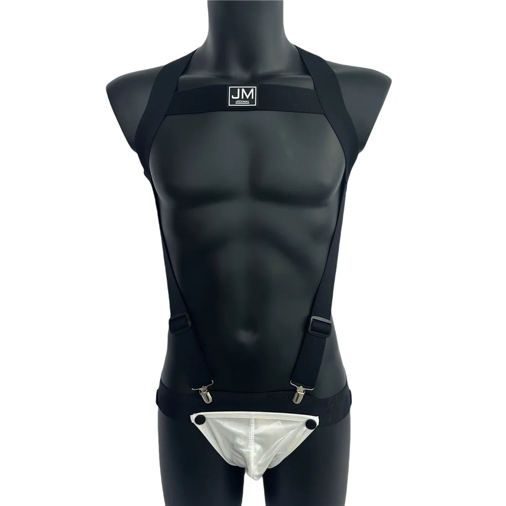 Sets Men Bodysuit Suspender Jumpsuits Nylon Jock Strap Harness Gay Underwear Jockstrap Laser Faux Leather Removable Penis Pouch