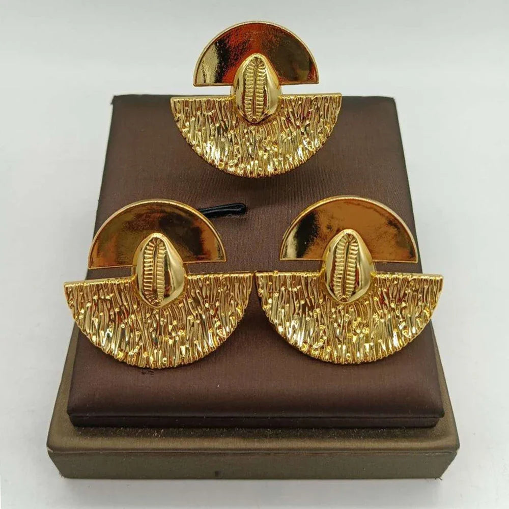 Dubai Gold Plated Earrings and Ring Jewelry Set for Women Hollow out Design Earrings and Finger Ring Set for Engagement Gifts