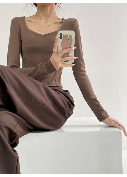 Fishbone Pattern Women's Long Sleeve T-shirt High Waist Slim Square Collar Tops Woman