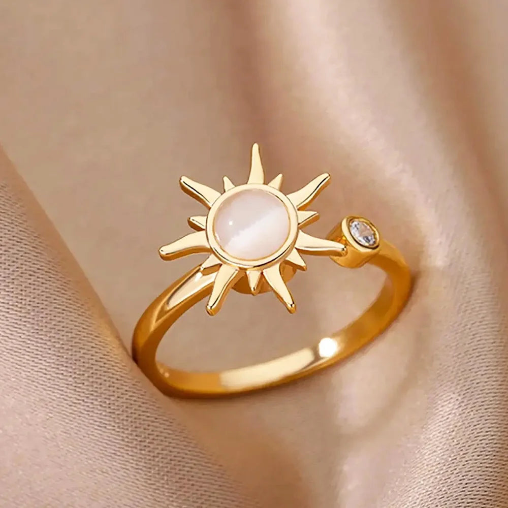 Zircon Flower Rings For Women Gold Color Double Flower Adjustable Stainless Steel Ring Wedding Party Christmas Jewelry Gift