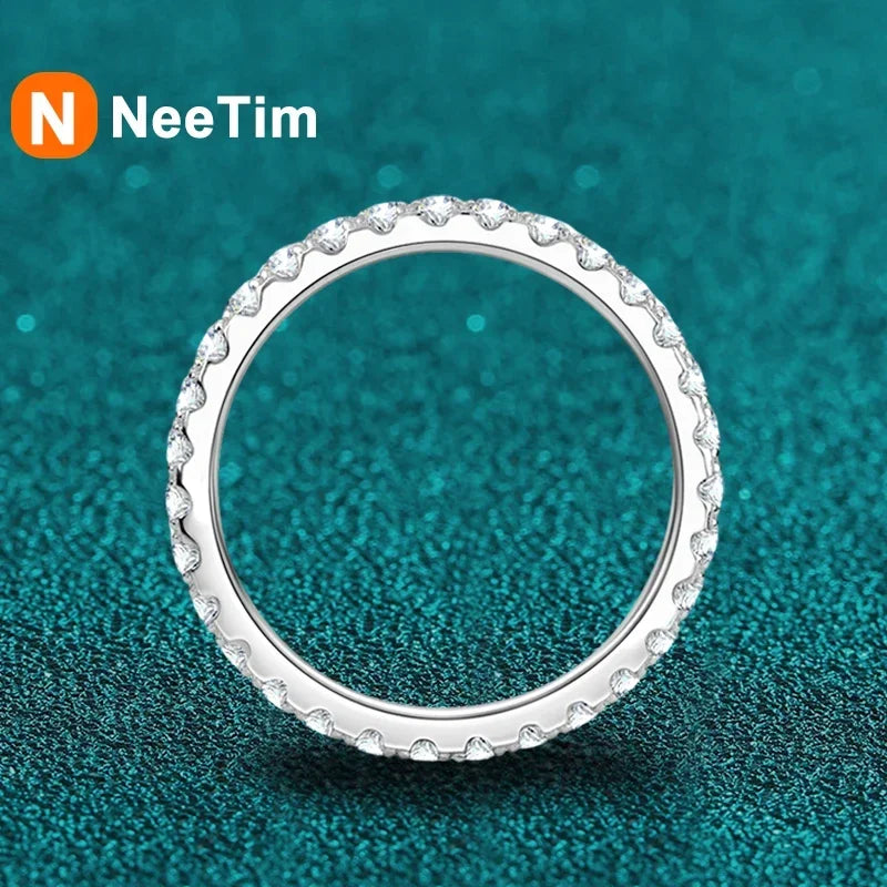 NeeTim Full Moissanite Ring for Woman Wedding Jewelry 925 Sterling Silver with Plated White Gold Rings Diamond Engagement Band