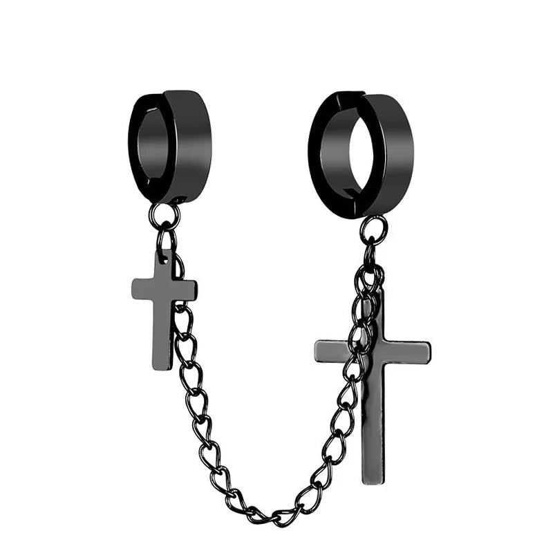 Punk Cross Pendant Clip Earring | Unisex Metal Chain Tassel Ear Cuff