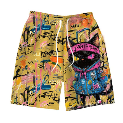 Men's Hawaiian swimming trunks 3D graffiti kitten macaron print shorts quick-drying outdoor leisure sports fashion men's shorts
