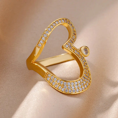 Stainless Steel Heart Rings For Women Gold Color CZ Crystal Zircon Open Finger Ring Wedding Aesthetic Jewerly Gift anillos
