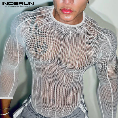 Party Nightclub Style Tops INCERUN Men's See-through Thin Design T-shirts Sexy Leisure Male Hot Sale Long Sleeved Camiseta S-3XL