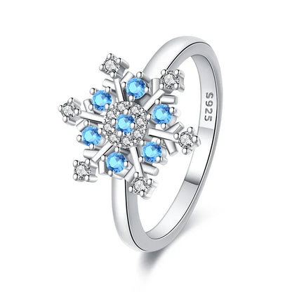925 Sterling Silver Blue Zircon Snowflake Ring | Winter Christmas Wedding Party Jewelry