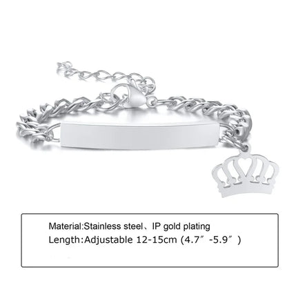 Custom Personalized Name ID Bracelet Gilrs Boy Gifts, Stainless Steel Curb Chain Link Crown Bracelet Not Allergic