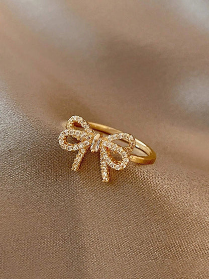Yupsk Korean Fashion Micropaved Crystal Zirconia Bow Ring for Women Girls Exquisite Ins Trendy Minimalist Finger Rings Jewelry